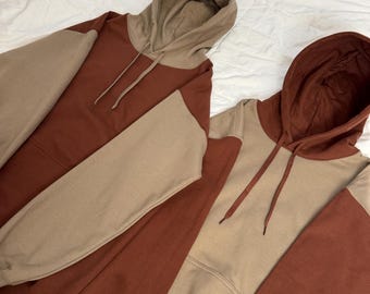 Set of 2 Colorblock Couple Hoodies: Cocoa & Brown Matching Sweaters