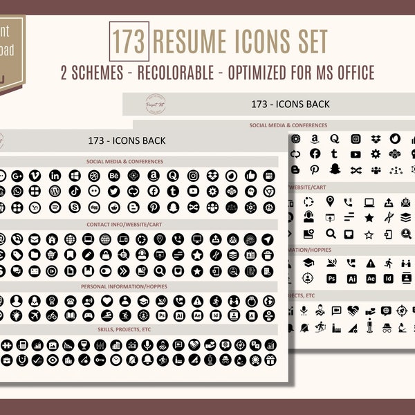 Resume Icons Set, Recolorable Icons for Microsoft Word, PowerPoint and Apple Pages, Social Media Icons, Business Icons