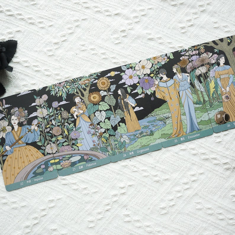 May include: Five tarot cards with illustrations of women in a garden setting. The cards are numbered 22 through 26 and have the following titles:  'Intuition', 'Patience', 'Organized', 'Encounter', and 'Transformation'.