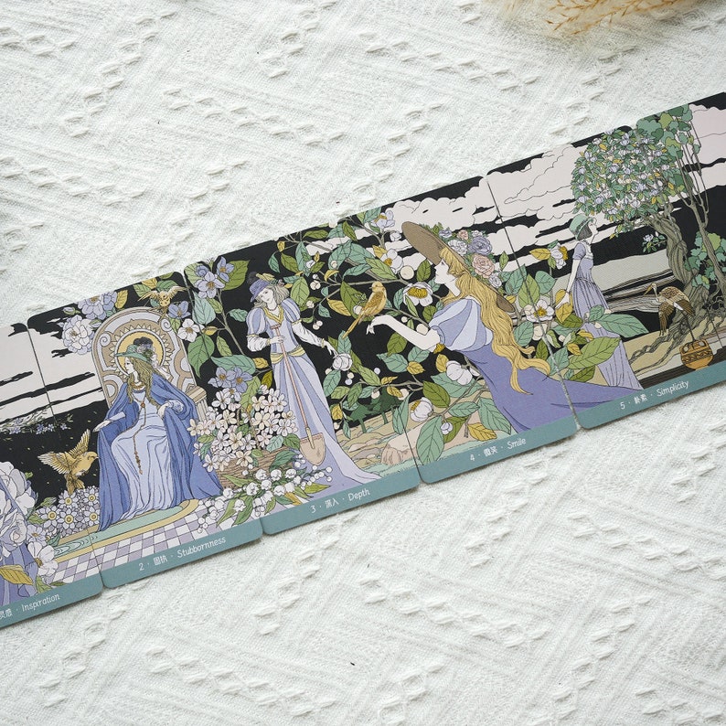 May include: Five cards with illustrations of women in a garden setting. Each card has a number, a Chinese character, and a word in English. The words are Inspiration, Stubbornness, Depth, Smile, and Simplicity.