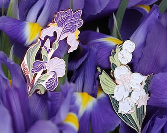 Broche en émail Nature - Iris et Muguet | Broche florale | Broche botanique | Broche fleur | Muguet | Broche Iris | Les cloches de mai épinglent | Broche plante