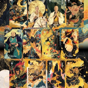 Puede incluir: Un conjunto de cartas del tarot con ilustraciones vibrantes. Cada carta presenta una obra de arte &uacute;nica, que incluye figuras, paisajes e im&aacute;genes simb&oacute;licas. Las cartas tienen t&iacute;tulos como "Concordia", "Humildad" y "Delicia", con una combinaci&oacute;n de colores dorados y negros.