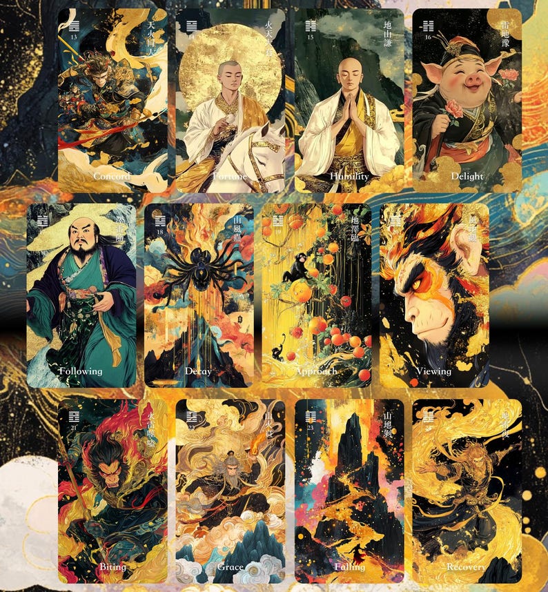 Puede incluir: Un conjunto de cartas del tarot con ilustraciones vibrantes. Cada carta presenta una obra de arte &uacute;nica, que incluye figuras, paisajes e im&aacute;genes simb&oacute;licas. Las cartas tienen t&iacute;tulos como "Concordia", "Humildad" y "Delicia", con una combinaci&oacute;n de colores dorados y negros.