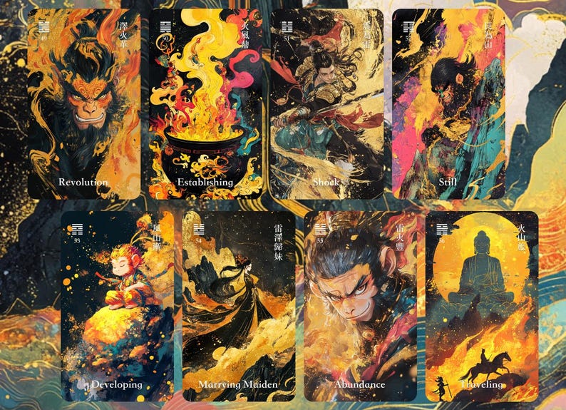 Puede incluir: Una colecci&oacute;n de ocho cartas de tarot con ilustraciones vibrantes. Cada carta presenta un dise&ntilde;o &uacute;nico con t&iacute;tulos como "Revoluci&oacute;n" y "Estableciendo". La obra de arte utiliza una rica paleta de colores dorados, naranjas y azules, creando una est&eacute;tica m&iacute;stica.