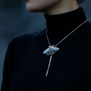 Puede incluir: Collar de plata con un colgante en forma de polilla. El colgante es azul y blanco con detalles intrincados. El collar se lleva sobre un cuello alto negro.