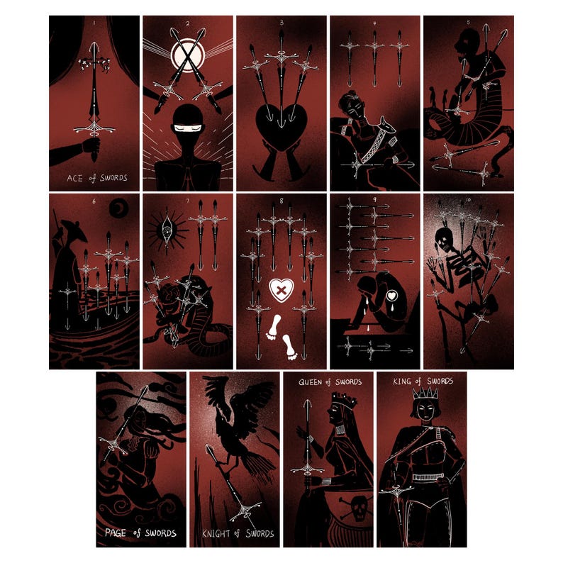 Puede incluir: Un conjunto de cartas del tarot con un fondo rojo e ilustraciones en blanco y negro. Las cartas presentan varias figuras, espadas y s&iacute;mbolos, con t&iacute;tulos como "Ace of Swords", "Queen of Swords" y "King of Swords".