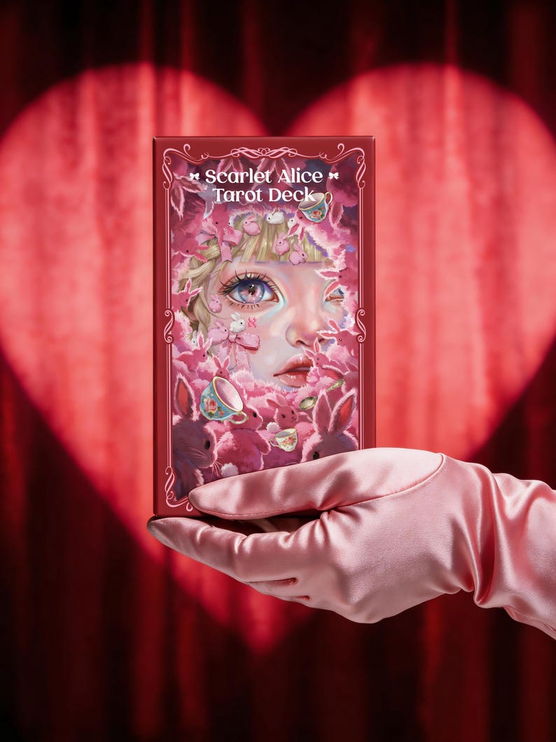 May include: A rectangular Scarlet Alice Tarot Deck box featuring a detailed illustration of a face surrounded by pink rabbits and floral teacups. The box has a deep red border with ornate white line art details and white text at the top.