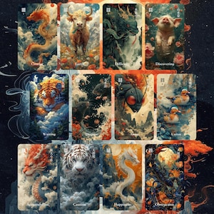 May include: A collection of twelve rectangular cards featuring artistic illustrations of animals including a dragon, ox, pig, tiger, rat, insect, duck, and scorpion, each labelled with English text such as Creator, Earth, Difficulty, Discovering, Waiting, Dispute, Arms, Union, Accumulation, Caution, Happiness, and Obstruction.