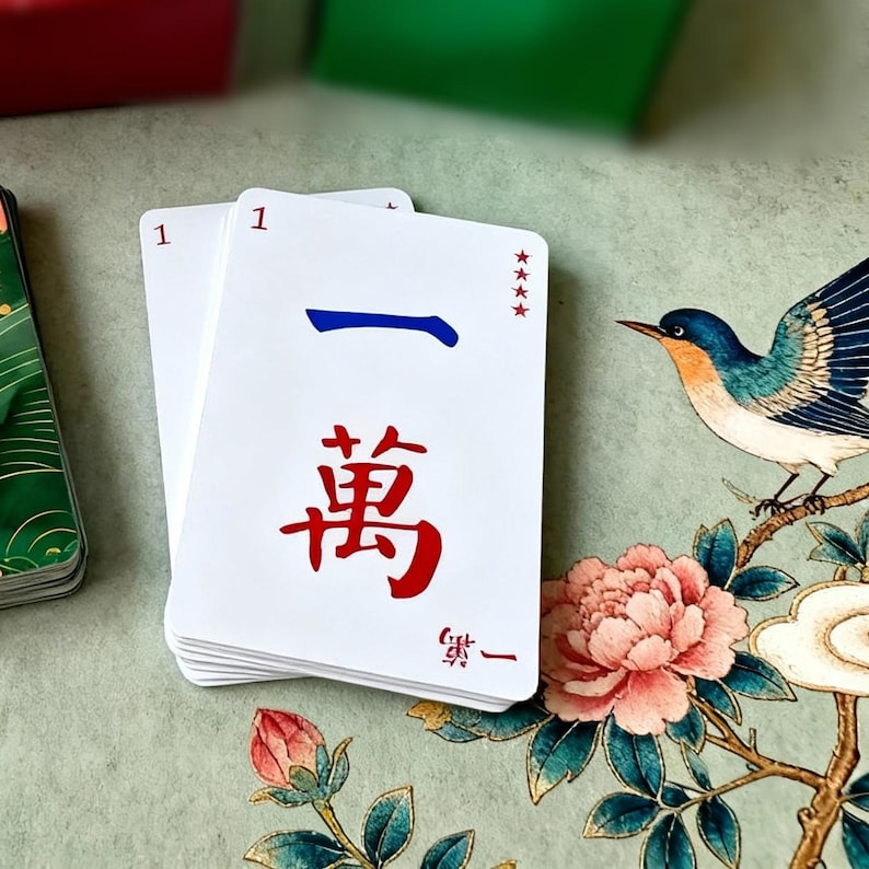 Pu&ograve; includere: Una pila di tessere Mahjong bianche con simboli rossi e blu. La tessera superiore mostra il numero "1" e caratteri cinesi. Un motivo decorativo floreale e di uccelli &egrave; sullo sfondo.