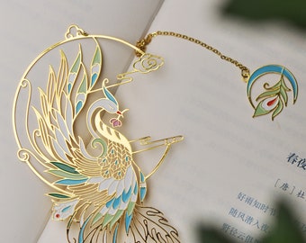 Auspicious Tier Metall Lesezeichen Phoenix Legendärer Vogel Symbol der Wiedergeburt Hochzeitsgeschenk Eheglückseligkeit Handfarbe, die luxuriöses Gold füllt