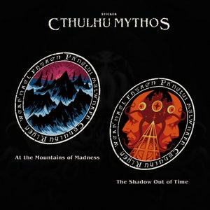 May include: Two round stickers with black borders and white text. The first sticker features a dark blue and black mountain range with a red and orange sky. The text reads "GARDAGL FETAGN Pή&eta;&sigma;LUI MGLWNAFD Cthulhu R'lyeh". The second sticker features a red and orange illustration of a creature with tentacles and two faces. The text reads "GARDAGL FETAGN Pή&eta;&sigma;LUI MGLWNAFD Cthulhu R'lyeh".