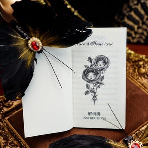 May include: A small booklet titled Vacant House tarot with an illustration of two roses featuring human faces. A black feather butterfly ornament with a red rhinestone and pearl border is attached to the top left corner of the white paper pages.