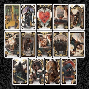 May include: A set of tarot cards with intricate gothic fantasy artwork. Each card, framed in gold, displays figures, swords, and symbolic elements. The cards are arranged in a grid, presenting different suits and characters, evoking a sense of mystery.