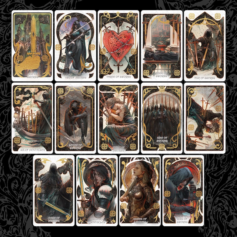 May include: A set of tarot cards with intricate gothic fantasy artwork. Each card, framed in gold, displays figures, swords, and symbolic elements. The cards are arranged in a grid, presenting different suits and characters, evoking a sense of mystery.