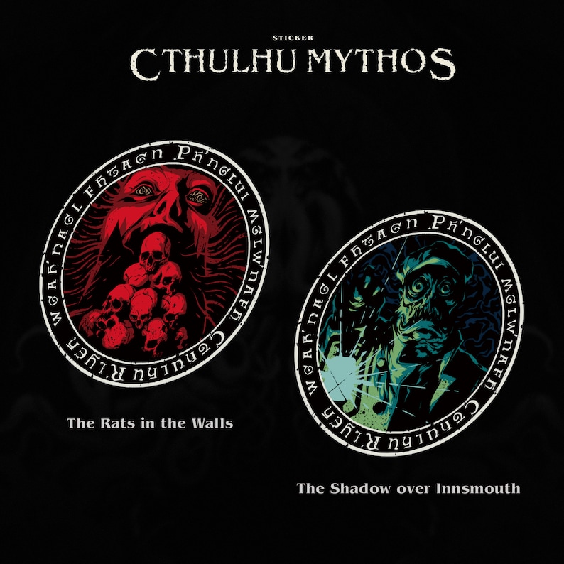 May include: Two round stickers with black and white text and images. The first sticker is red and features a creature with a mouth full of skulls. The text reads "WGARDAGL FH5AGN PANGLUI MGLWNAFD CTHULHU R'LYEH". The second sticker is green and features a creature with a large mouth and sharp teeth. The text reads "WGARDAGL FH5A&sigma;&eta; &Rho;ήngs MG LW NAFP CTHULHU R'LYEH".