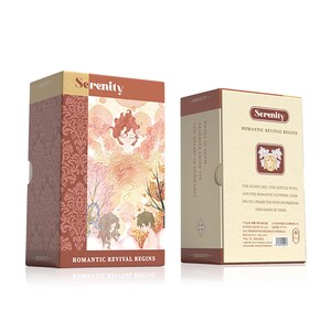 Puede incluir: Dos cajas rectangulares con la palabra "Serenity". Una caja tiene un diseño floral y las palabras "Romantic Revival Begins". La otra caja tiene el texto "The sunny sky, the gentle wind, and the romantic flowers..."