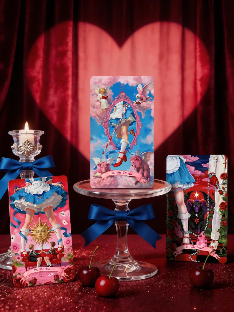 May include: Three rectangular tarot cards featuring whimsical illustrations of a character in a blue dress and red shoes. The center card is labeled 21. The World, the left card 19. The Sun, and the right card 15. The Devil, all displayed on a glass stand.