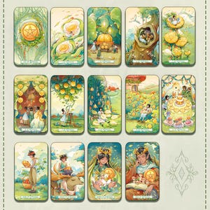 May include: A collection of 12 tarot cards featuring watercolor illustrations. Each card has a unique design with figures, plants, and symbols. The cards are in shades of green, yellow, and brown, with text at the bottom of each card.