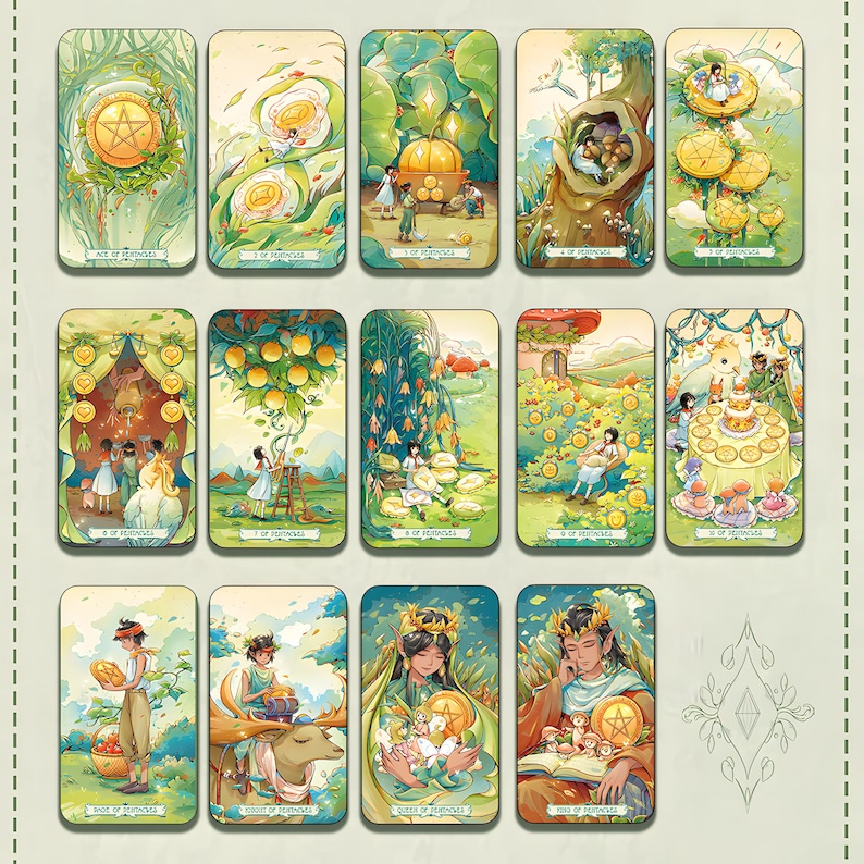 May include: A collection of 12 tarot cards featuring watercolor illustrations. Each card has a unique design with figures, plants, and symbols. The cards are in shades of green, yellow, and brown, with text at the bottom of each card.