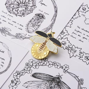 May include: Gold-tone enamel pin featuring a white and black firefly with a glowing yellow and orange abdomen. The firefly is surrounded by a circle of stars.
