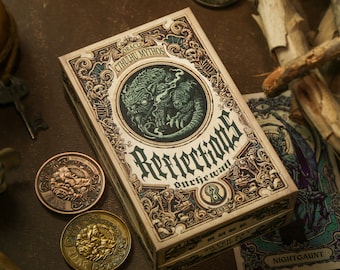 May include: A deck of oracle cards with a green and gold design. The box features a detailed illustration of a monstrous creature with the text "Oracle Cthulhu Mythos" and "Reflectors" on the front. The back of a card shows a purple and green illustration of a creature with the text "Nightgaunt".