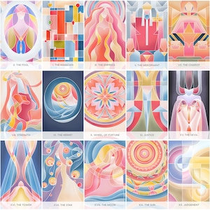 K&ouml;nnte beinhalten: Ein Set mit 22 Tarotkarten mit farbenfrohen geometrischen Designs. Jede Karte zeigt ein anderes Bild und einen anderen Titel, wie z. B. "Der Narr", "Der Magier" und "Die Kaiserin".