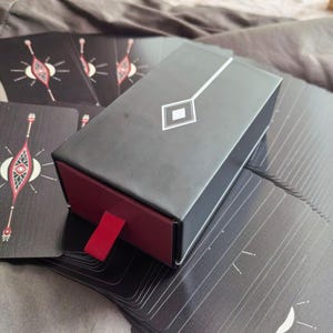 Puede incluir: Una caja rectangular negra con interior rojo y un dise&ntilde;o de rombo blanco en la parte superior. La caja est&aacute; parcialmente abierta, revelando una leng&uuml;eta roja. Varias cartas negras con dise&ntilde;os blancos y rojos son visibles.