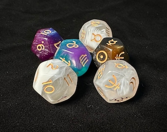 Meteodice: Galaxy D12 Astrology Dice Acrylic Glitter Dodecahedron Gold Etching Divination Tool Zodiac Symbol