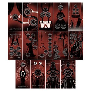Puede incluir: Un conjunto de cartas de tarot con ilustraciones en blanco y negro sobre un fondo rojo. Cada carta presenta un dise&ntilde;o &uacute;nico, incluyendo formas geom&eacute;tricas y figuras. El texto en las cartas incluye "Ace of Pentacles", "Page of Pentacles", "Knight of Pentacles", "Queen of Pentacles", y "King of Pentacles".