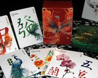 Baraja de cartas de Mahjong, fichas de papel para Mahjong, acuarelas de pájaros y flores, en inglés.