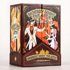 May include: A tarot card box with the words "Fantasy Night Theater" in gold lettering. The box features illustrations of a magician and a woman in a pink dress. The box is brown with gold accents and a display stand.