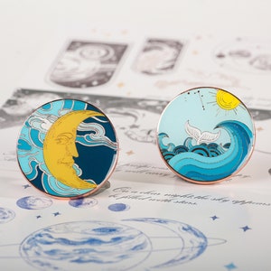 Nature Enamel Pin - &quot;Moon&quot; and &quot;Sun&quot;｜Moon enamel pin | Sun enamel pin | Nature blessing pin | Ocean pin | Ocean waves pin | Round blue pin