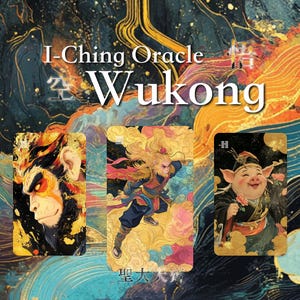 Puede incluir: Cartas de I-Ching Oracle Wukong con ilustraciones vibrantes de personajes y detalles dorados. Las cartas se presentan sobre un fondo colorido. El texto "I-Ching Oracle Wukong" se muestra.