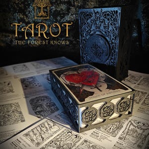 Könnte beinhalten: Eine Tarotkartenbox mit dekorativem Design, mit dem Text "THREE OF SWORDS" auf der obersten Karte. Die Box befindet sich auf einer Oberfläche, die mit Tarotkartenillustrationen bedeckt ist. Das Bild enthält auch eine passende Box und den Text "TAROT THE FOREST KNOWS".