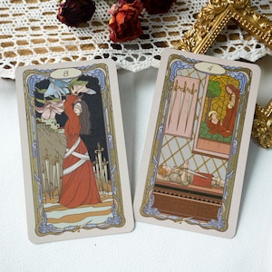 May include: Two tarot cards, one with the number 8 and a woman holding flowers, the other with the number 4 and a scene with swords and a person lying down.