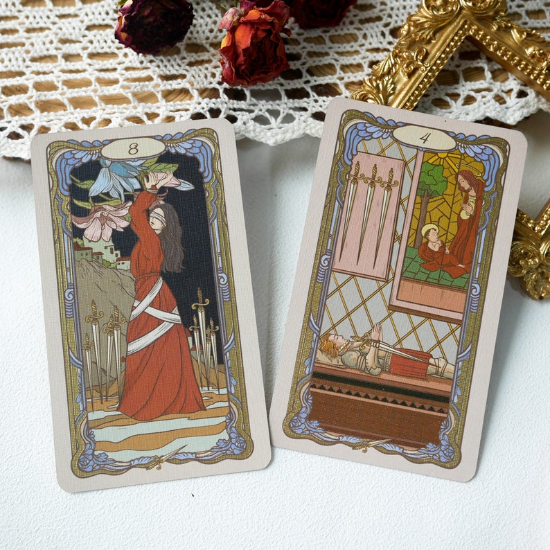 May include: Two tarot cards, one with the number 8 and a woman holding flowers, the other with the number 4 and a scene with swords and a person lying down.