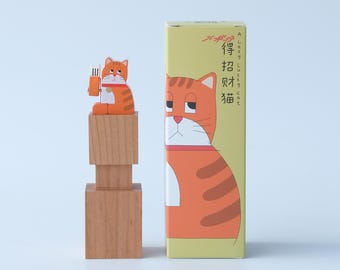 木製オートマタスタンプ「怠け者の幸運のオレンジ猫」