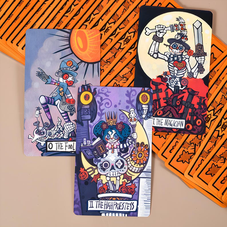 Whimsical Realm of Oddities Tarot Deck – Surreal Cat & Skeleton, Cartoon Fantasy Divination Cards, Deluxe or Tin Edition with Guidebook image 4
