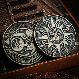 Maya Sun & Moon Collectible Metal Coins mayan mythology art antique brass bronze color