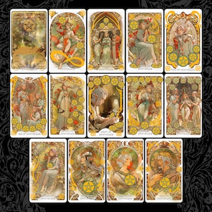 May include: A collection of tarot cards with Art Nouveau designs. Each card shows a detailed illustration within a decorative golden border, with titles such as "Two of Pentacles" and "King of Pentacles". The cards have a vintage appearance.