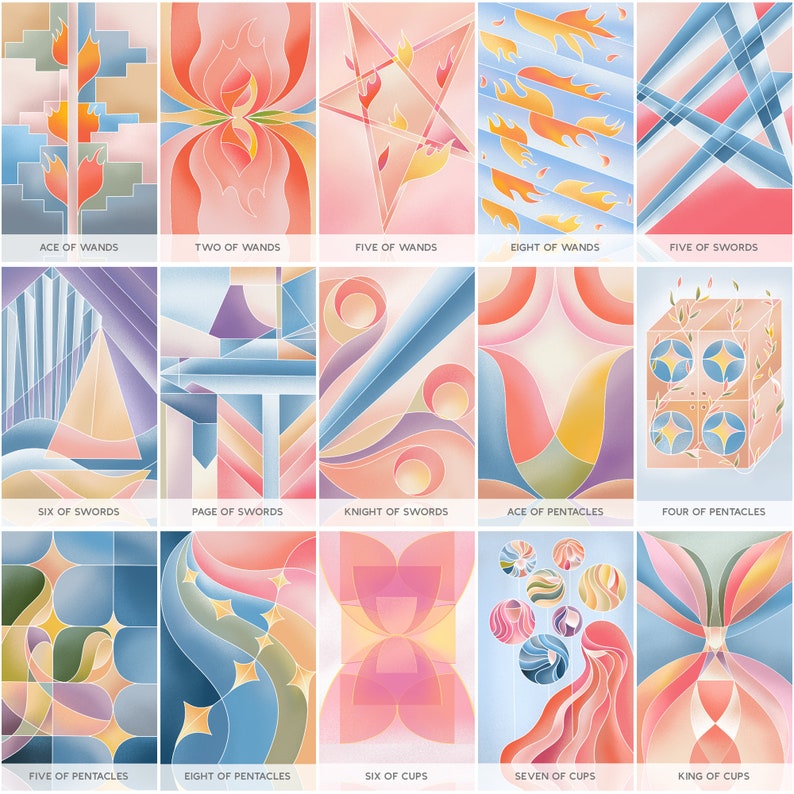 K&ouml;nnte beinhalten: Ein Set mit 15 Tarotkarten mit farbenfrohen geometrischen Designs und Textbeschriftungen. Die Karten sind in einem Raster aus f&uuml;nf Reihen und drei Spalten angeordnet. Die Karten zeigen verschiedene Symbole und Bilder, darunter Schwerter, St&auml;be, Pentakel und Kelche.