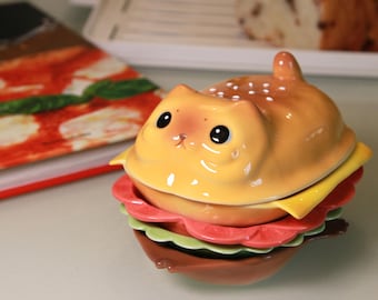 バーガーキャットプレートセット｜セラミック製、積み重ね可能なフードプレート、猫好きへのギフト、ユニークなキッチン装飾、楽しいサービングセット、チーズキャット