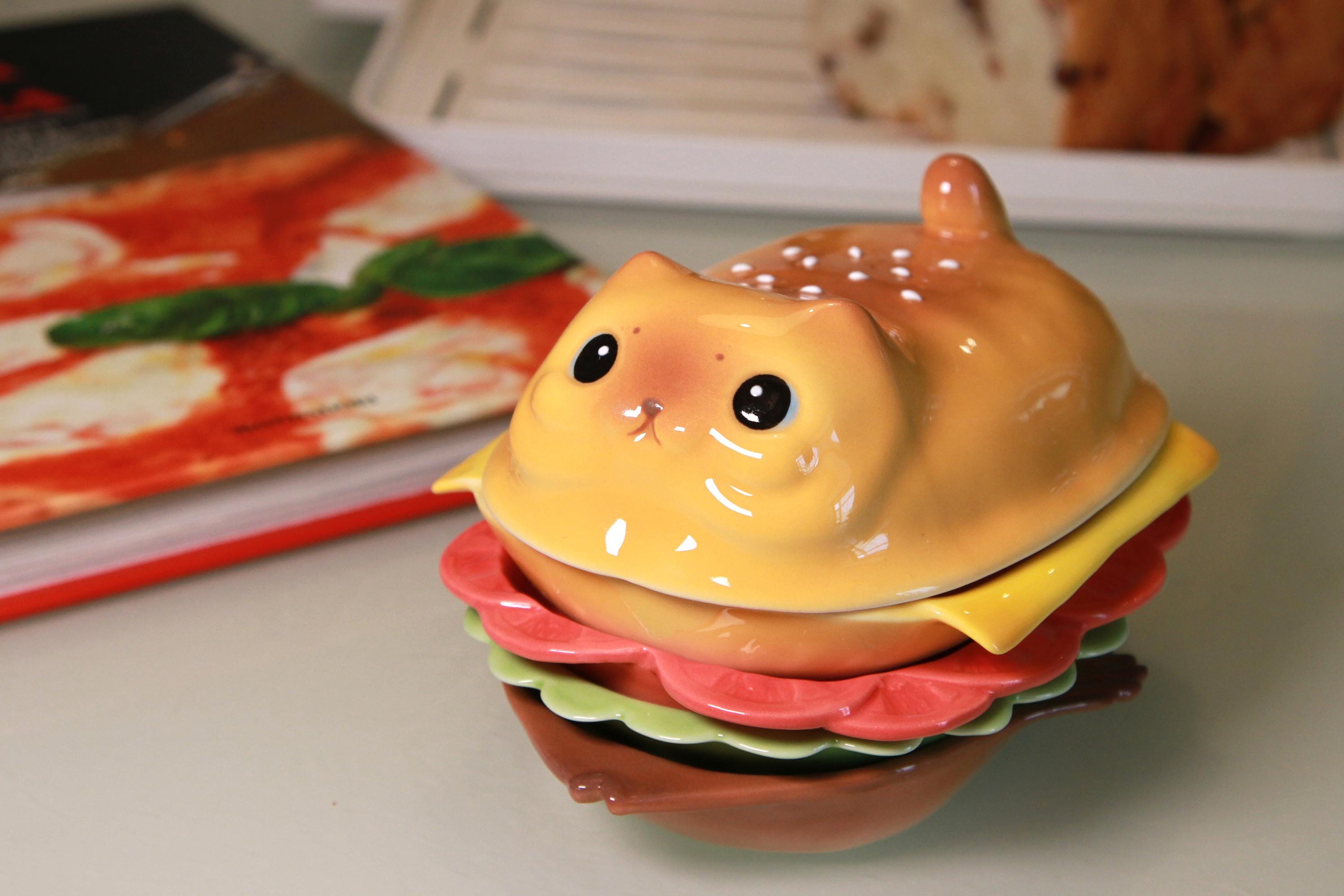 Burger Cat Plate Set Ceramic, Stackable Food Plates, Cat Lover Gift, Unique Kitchen Decor, Fun Serving Set, Cheese Cat