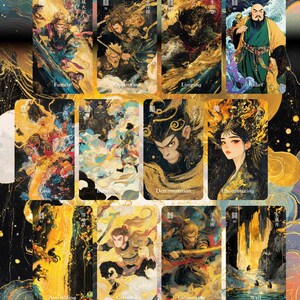 Puede incluir: Un conjunto de cartas de tarot ilustradas, cada una representando una escena o personaje diferente. Las cartas presentan t&iacute;tulos como "Familia", "Oposici&oacute;n" y "Alivio". La obra de arte utiliza oro, azul y amarillo, creando una colecci&oacute;n detallada y visualmente atractiva.