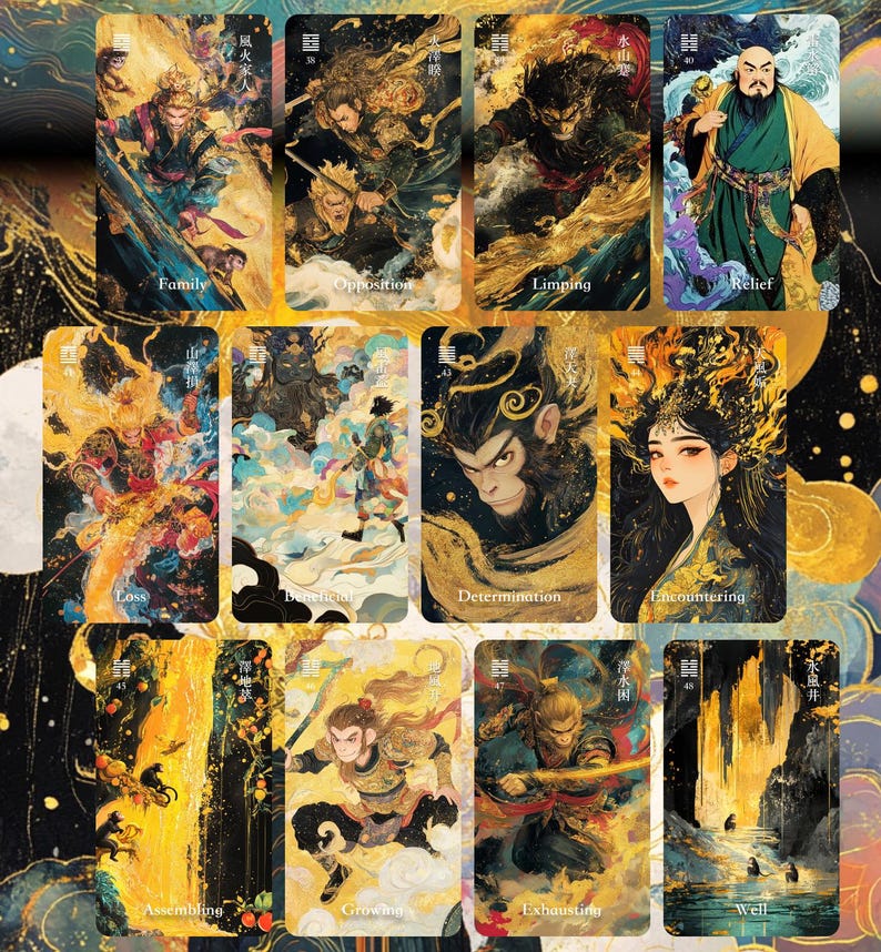 Puede incluir: Un conjunto de cartas de tarot ilustradas, cada una representando una escena o personaje diferente. Las cartas presentan t&iacute;tulos como "Familia", "Oposici&oacute;n" y "Alivio". La obra de arte utiliza oro, azul y amarillo, creando una colecci&oacute;n detallada y visualmente atractiva.