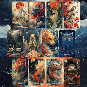 May include: A collection of twelve rectangular oracle cards featuring vibrant, detailed illustrations of mythical creatures, animals, and nature scenes, each labelled with a unique title and Chinese characters, arranged in a grid on a dark background.
