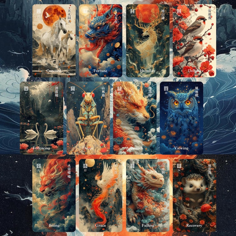 May include: A collection of twelve rectangular oracle cards featuring vibrant, detailed illustrations of mythical creatures, animals, and nature scenes, each labelled with a unique title and Chinese characters, arranged in a grid on a dark background.