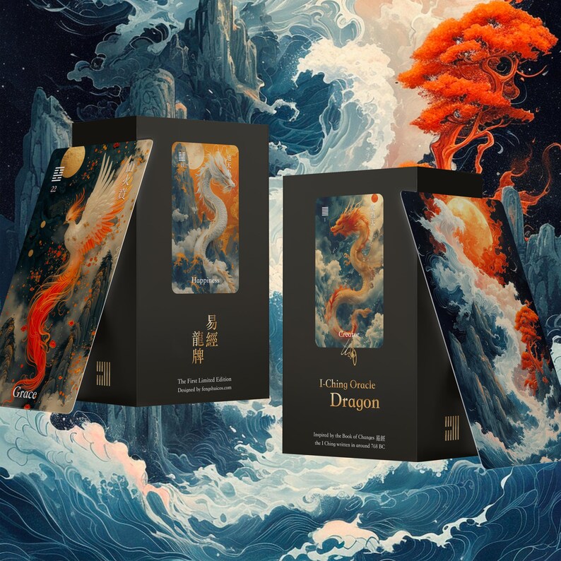 May include: Two black rectangular boxes for an I-Ching Oracle Dragon card deck. The boxes feature gold text, including 'I-Ching Oracle Dragon' and 'The First Limited Edition'. Two cards are displayed, one showing a phoenix and one a dragon.