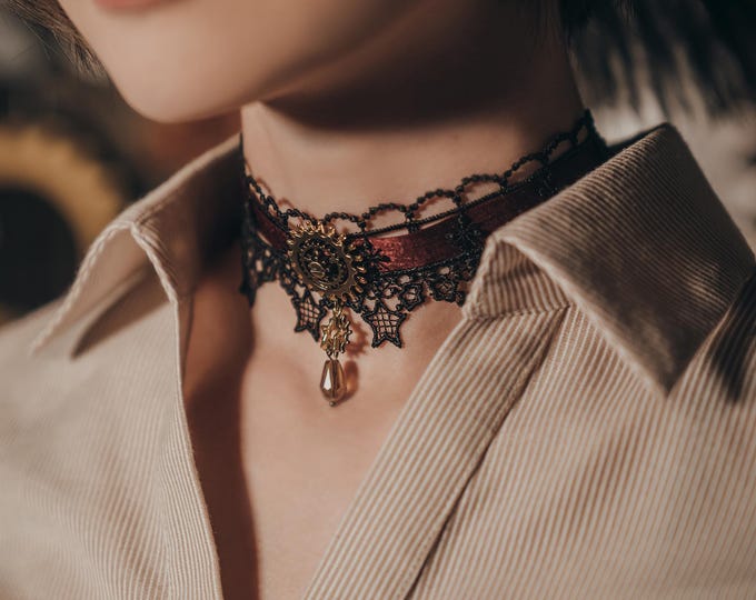 Steampunk Satin Ribbon Lace Choker (Burgundy) Christmas Jewelry Handmade Necklace Victorian Fashion Rococo Accessory Gemstone Antique Metal