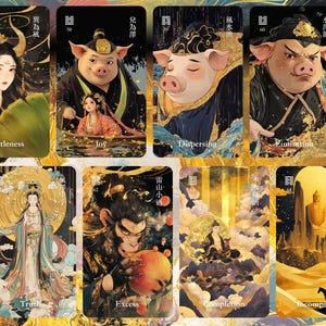 Puede incluir: Un conjunto de ocho cartas de tarot con ilustraciones de fantas&iacute;a. Cada carta presenta un dise&ntilde;o &uacute;nico con personajes, s&iacute;mbolos y texto. Las cartas tienen una combinaci&oacute;n de colores dorados y negros, con caracteres chinos y palabras en ingl&eacute;s como "Gentleness" y "Joy".